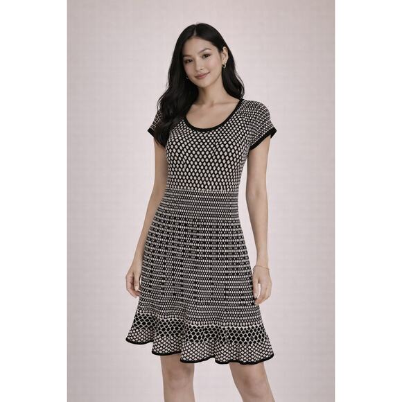 Classic Anne Klein Black & Ivory Geometric Midi Dress Size S - Picture 1 of 9